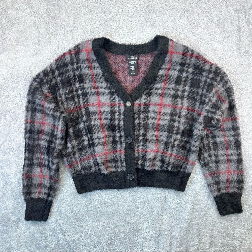 Social Collision Grey Plaid Fuzzy Crop Cardigan Goth Punk Dark Academia Sz 2 2X